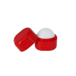 A red lip balm container with a white dome lid, featuring a logo on the front.