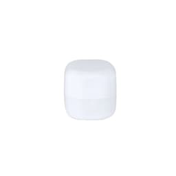 A white lip balm container with a smooth, rounded design and a secure lid. It has a simple branding logo.