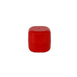 A red lip balm container with a smooth, rounded lid and a glossy finish. It features a branding logo.