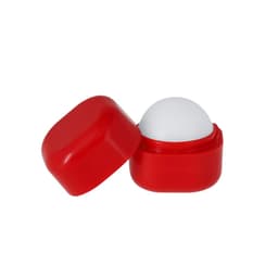 A red lip balm container with a smooth white dome lid, featuring a round shape and a simple design.
