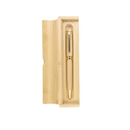 A wooden pen with a gold trim, presented in a bamboo case. The pen features a smooth, natural finish.