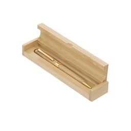 A wooden pen with a gold clip displayed inside a bamboo case. The case is open, revealing the pen inside.