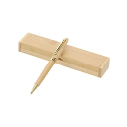 A wooden pen with a golden clip rests atop a bamboo case. The set features a natural wood finish.