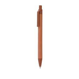 A brown pen with a textured finish and a clip, featuring a logo on its barrel.