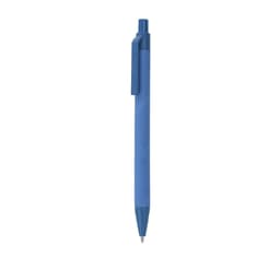 A blue pen with a smooth finish and a clip, featuring a simple design and a branding logo.