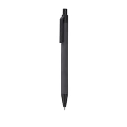 A black pen with a clip and a tapered end, featuring a simple design and a branding logo.