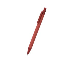 A red pen with a clip and a smooth finish, featuring a branding logo on its body.
