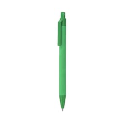 A green pen with a clip and a clear barrel, featuring a logo on its surface.