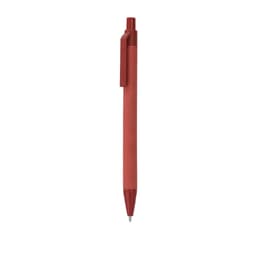 A red pen with a clip and a smooth barrel. The pen features a branding logo.
