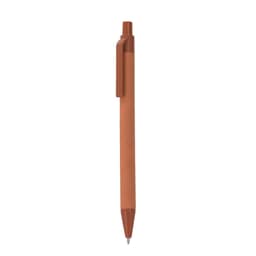A brown pen with a clip and a rounded tip, featuring a logo on its body.