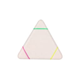 A triangular highlighter in pastel colours with pink, green, and yellow lines, featuring a logo.