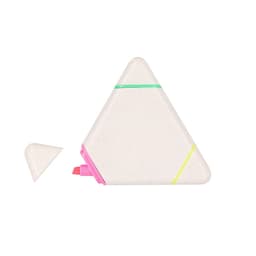 A triangular highlighter in white with pink, green, and yellow bands, including a removable cap. It has a logo.