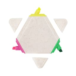 A hexagon-shaped highlighter set in white with pink, green, yellow, and orange highlighter tips.