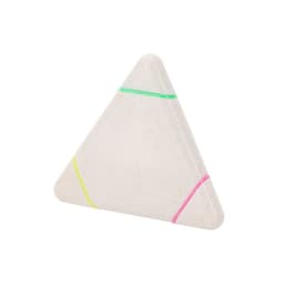 A triangular highlighter in white with green, yellow, and pink bands, featuring a logo.