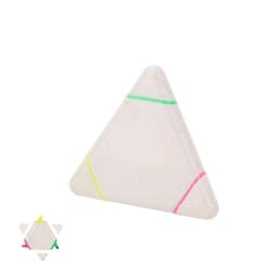 A triangular highlighter in white with neon green, yellow, and pink bands. It features a logo on one side.