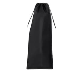 A black drawstring bag with a tall, slim design. It includes a logo on the side.