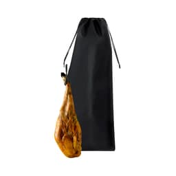 A black drawstring bag with a cured ham hanging from it. The bag features a branding logo.