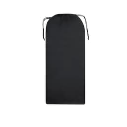 A black drawstring bag with a smooth surface and rounded top, featuring a logo.