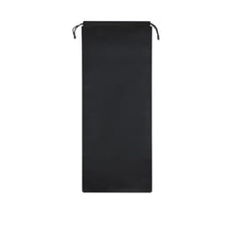 A black drawstring bag with a simple design and a logo, suitable for various items.