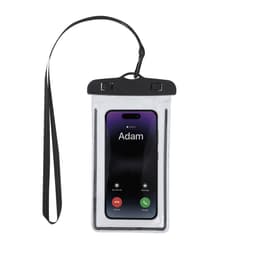 A waterproof phone pouch in clear plastic with a black neck strap, holding a smartphone displaying a call.