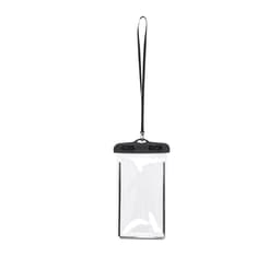 A transparent dry bag with a black top and strap, featuring a secure closing mechanism and a hanging loop.