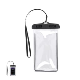 A waterproof dry bag in clear with a black trim and strap, featuring a secure seal for protection.