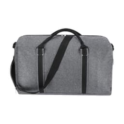 A grey duffle bag with black straps and handles, featuring a zip closure and a logo.