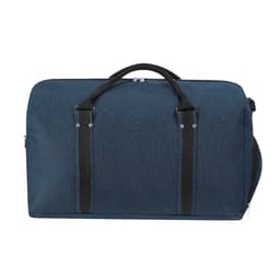 A navy duffle bag with black straps and handles, featuring a zipper closure and a logo on the side.
