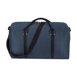 A large navy blue duffle bag with black straps and a zip closure, featuring a logo on the side.