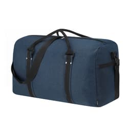 A blue duffle bag with black straps and a zipper closure, featuring a logo.