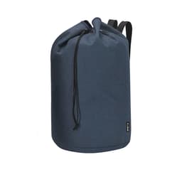 A blue duffel bag with a drawstring closure and shoulder straps, featuring a logo tag.