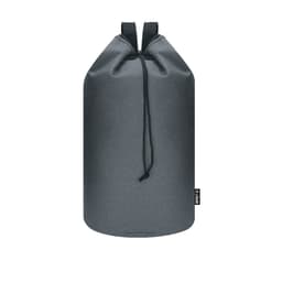 A grey duffel bag with a drawstring closure and two straps, featuring a logo.