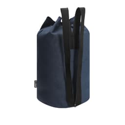 A navy blue duffel bag with a drawstring closure and black straps, featuring a logo.