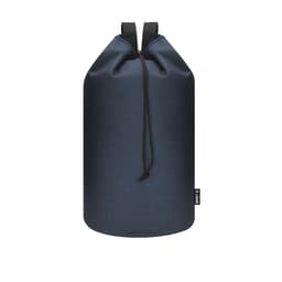 A navy blue duffel bag with a drawstring closure and adjustable straps, featuring a small logo.