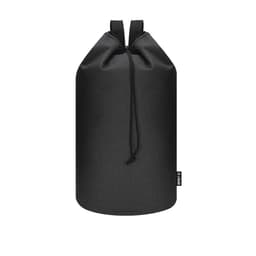 A black duffel bag with a drawstring closure and shoulder straps, featuring a logo on the side.