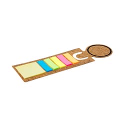 A cork ruler with multiple sticky notes in yellow, pink, blue, and green, featuring a circular cut-out at one end.