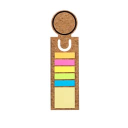 A cork ruler features sticky note sections in pink, blue, green, and yellow, with a circular cutout at the top.