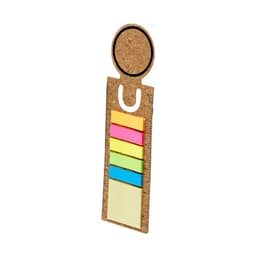 A cork ruler with a circular top and five colourful sticky note tabs in pink, yellow, green, and blue.