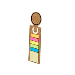 A cork ruler with an oval top and five assorted sticky note tabs in bright pink, yellow, blue, and green.
