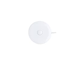 A white tape measure with a round body and a button in the centre, featuring a logo.