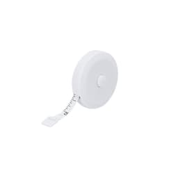 A white tape measure with a retractable feature and a measurement tape marked with numbers. It has a small attachment loop.