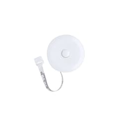 A white tape measure with a circular casing and a retractable tape marked with measurements. It has a branding logo.