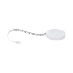 A white tape measure with a retractable mechanism and a measurement scale along the tape. It features a circular casing.