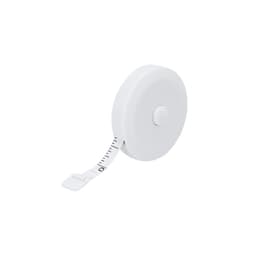 A white tape measure features a retractable tape with measurement markings and a button for locking. It has a logo.