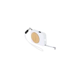 A tape measure featuring a white casing and a wooden panel, with a retractable measuring tape in a compact design.