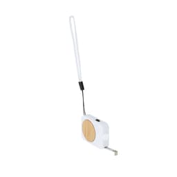 A white tape measure with a wooden accent and a retractable mechanism, featuring a convenient strap for easy carrying.