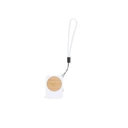 A white tape measure with a round bamboo face and a looped strap for easy carrying.