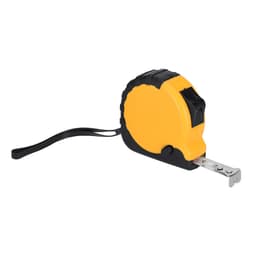 A tape measure in yellow and black, featuring a branded logo and a retractable measuring tape.