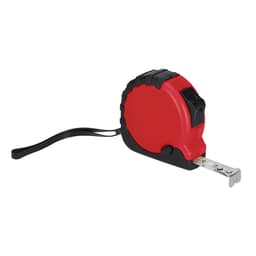 A red and black tape measure with a metal measuring tape and a retractable mechanism. It features a logo on the body.