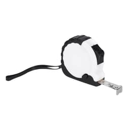A white and black tape measure with a side strap and a metallic measuring tape. It features a branding logo.